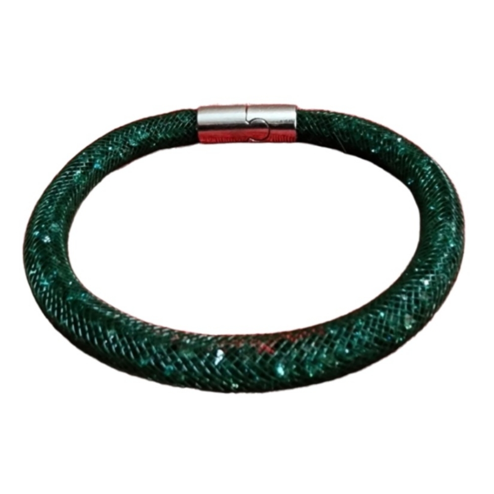 Green Crystal Mesh Bangle Bracelet Magnetic Faux Diamonds CZ Bling